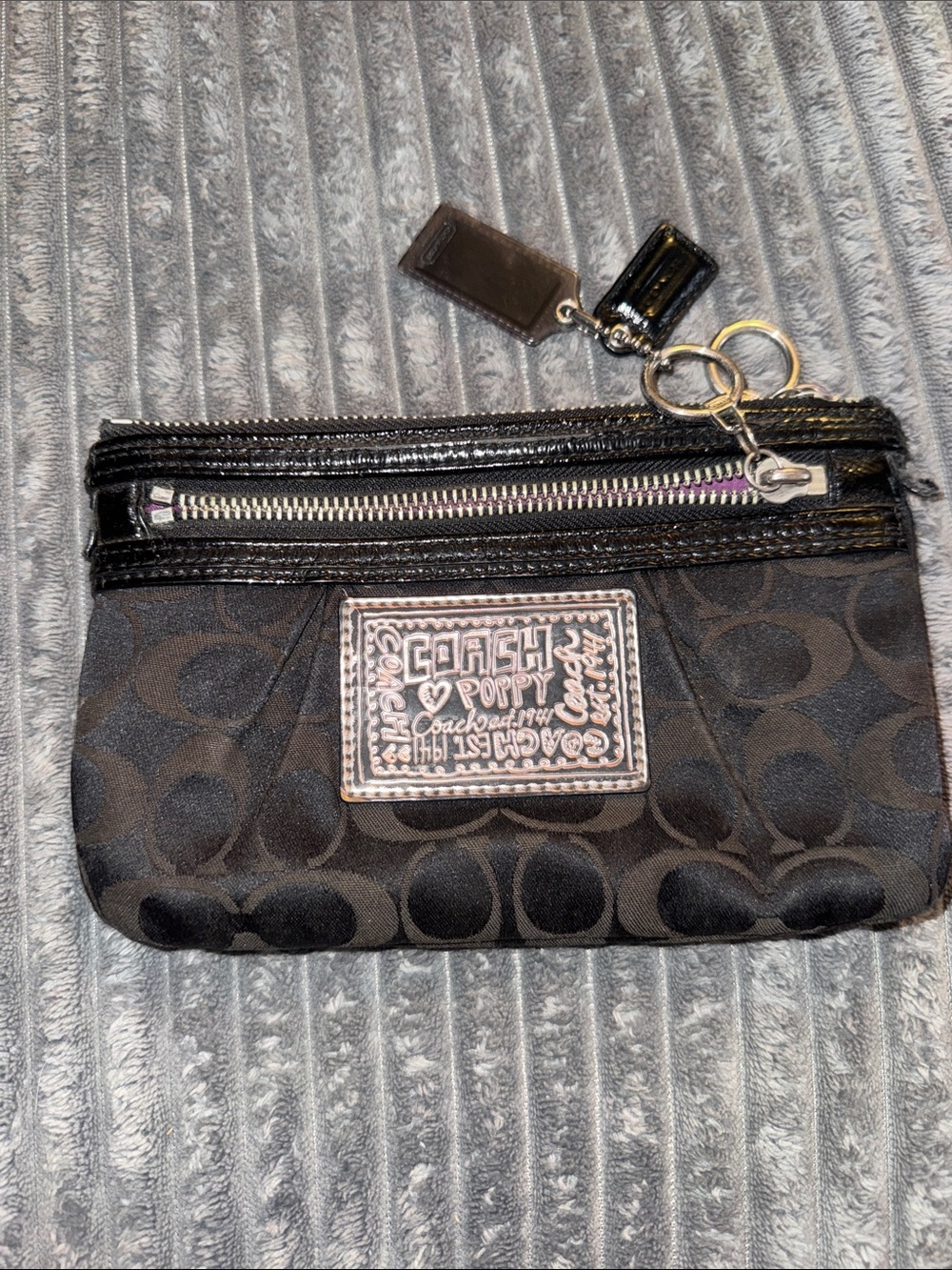 Coach Black Signature Poppy Zip Keyring Coin Pouch